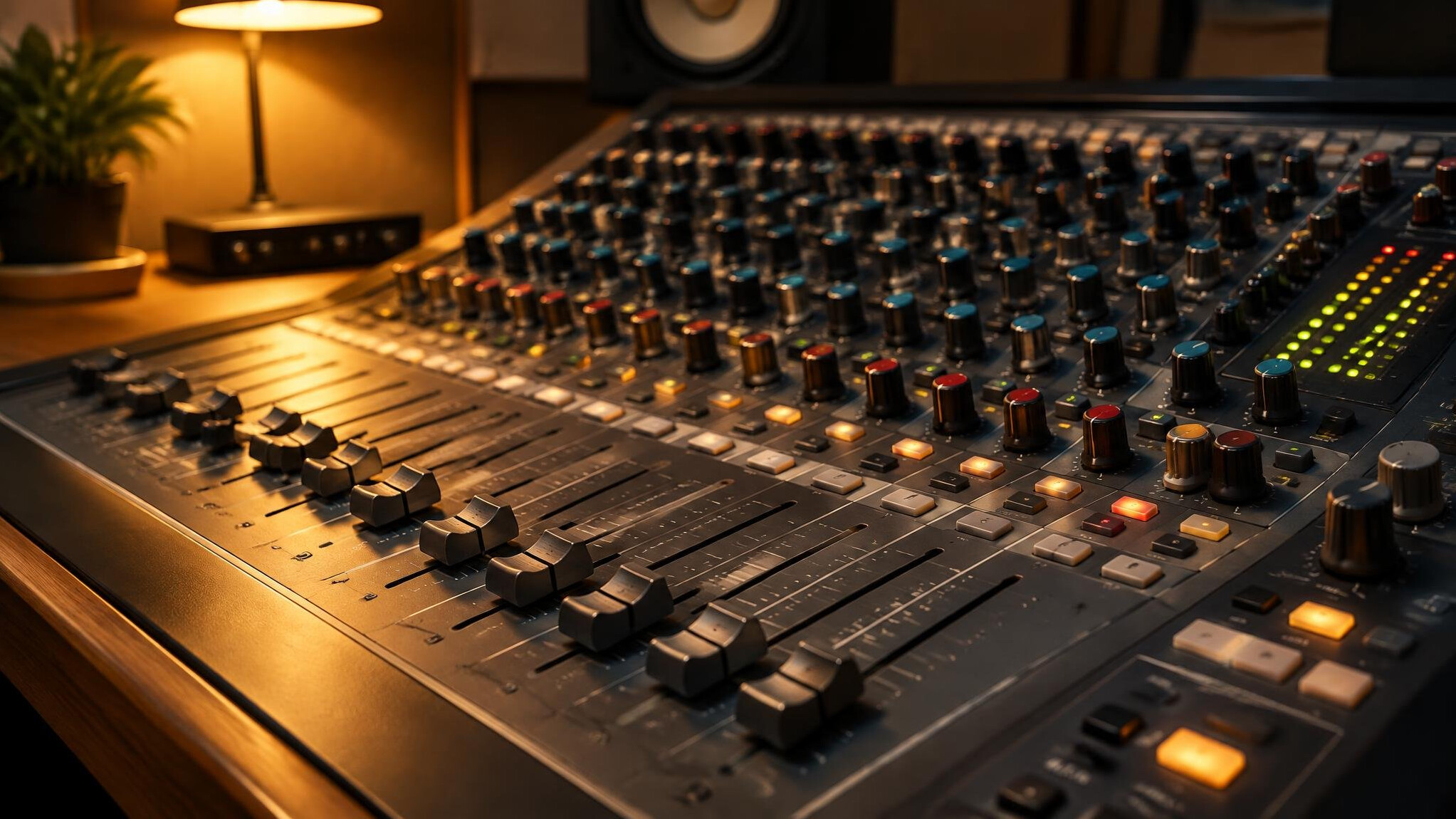 Audio mixing console with faders and knobs