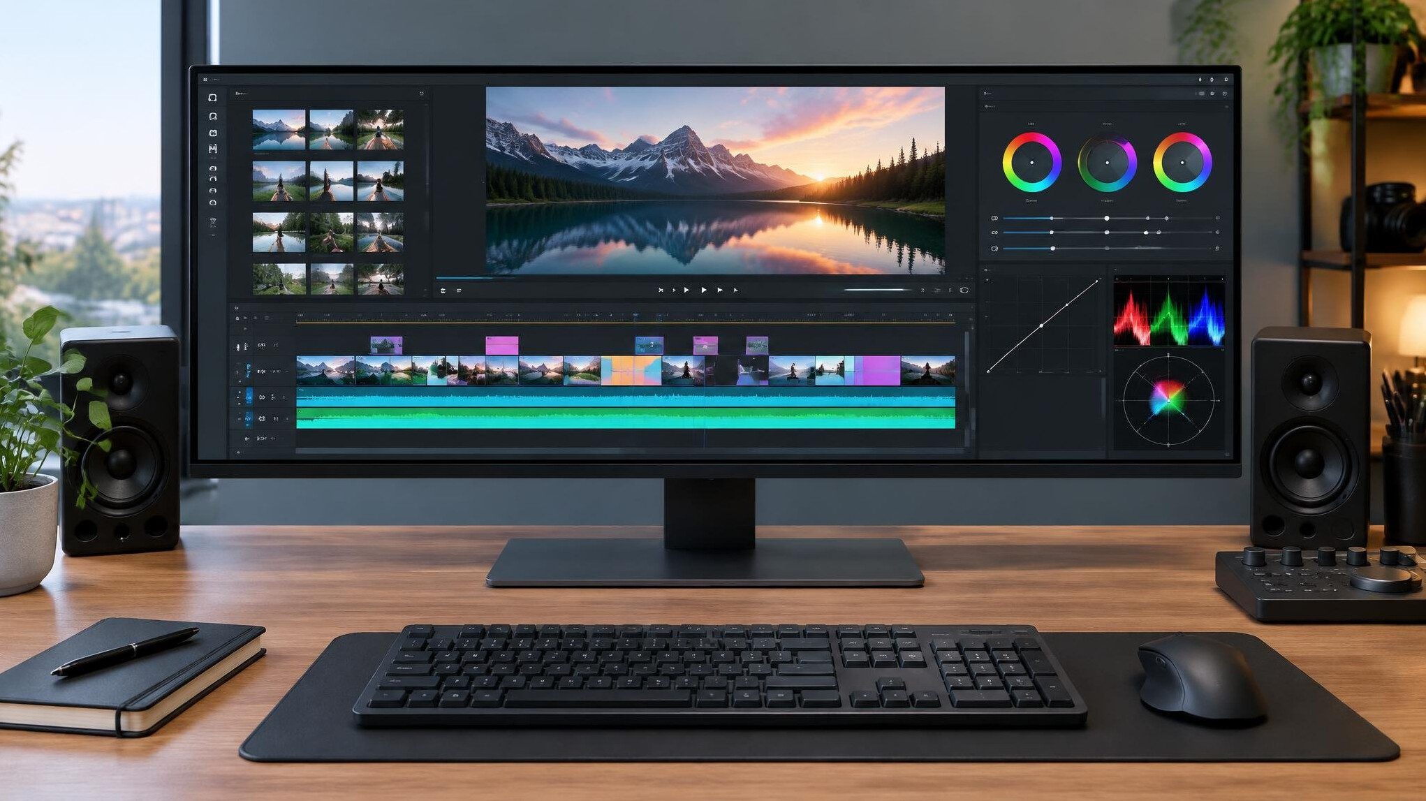Video editing workstation with timeline on a monitor