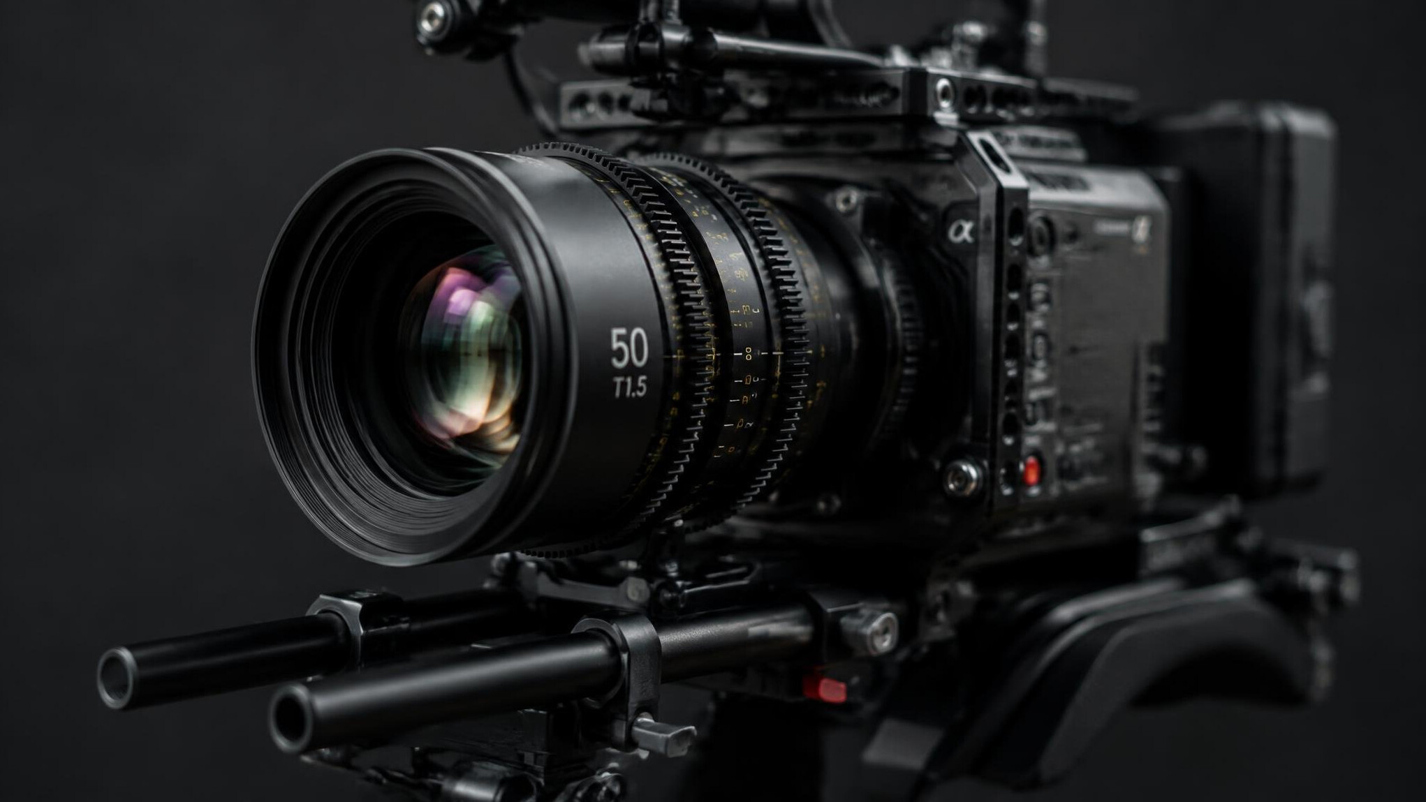 Close-up of a camera lens on a shooting rig