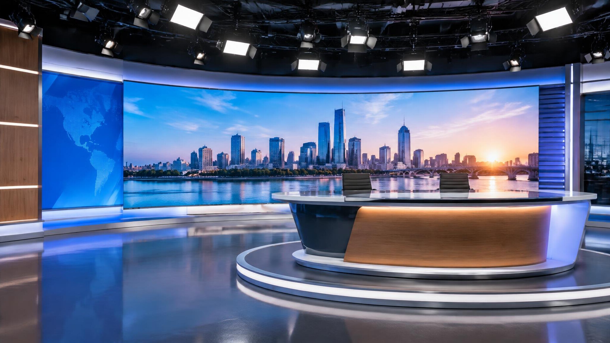 Television studio set with desk and backdrop
