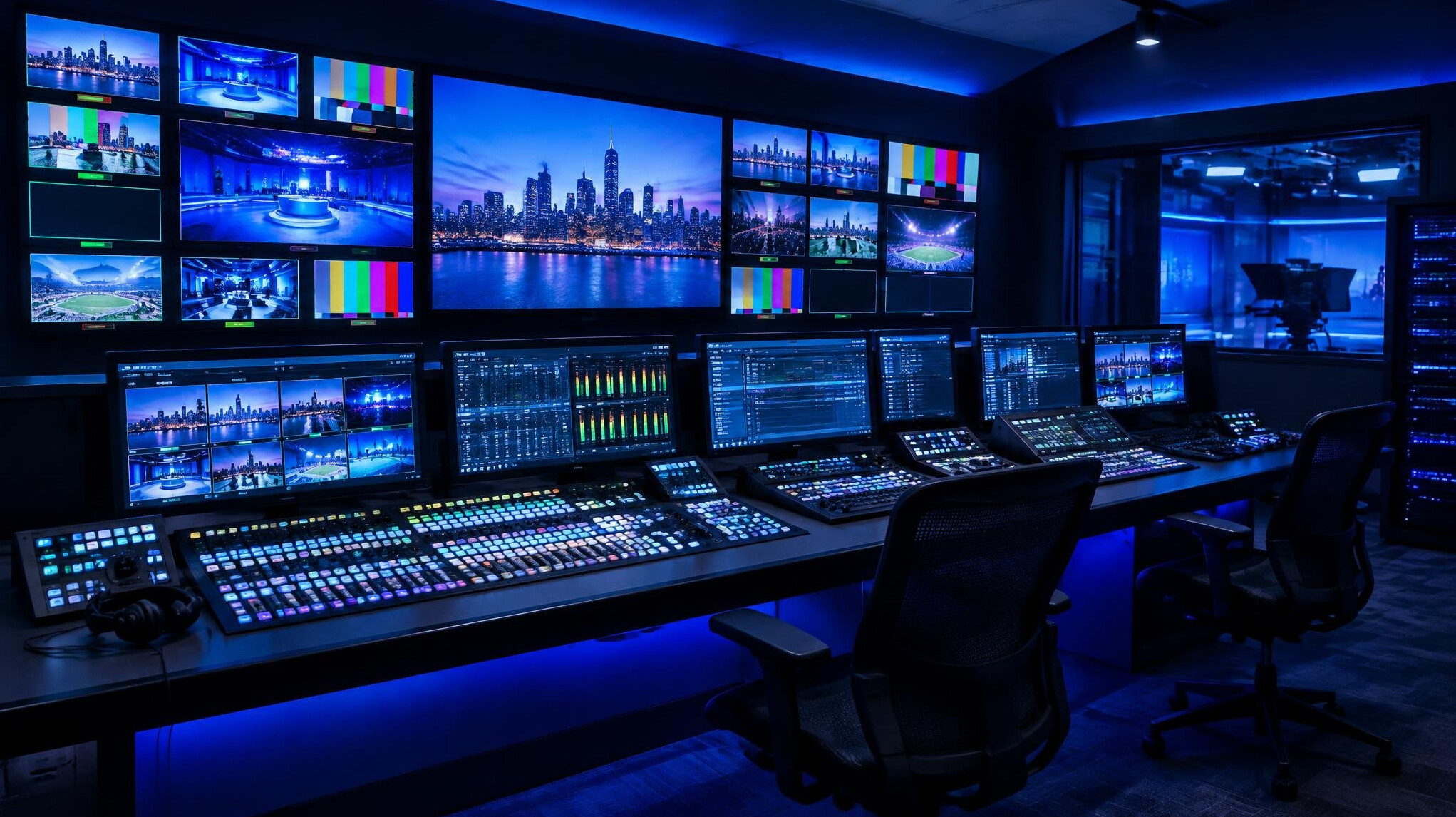 Dark production control room with multiple monitors