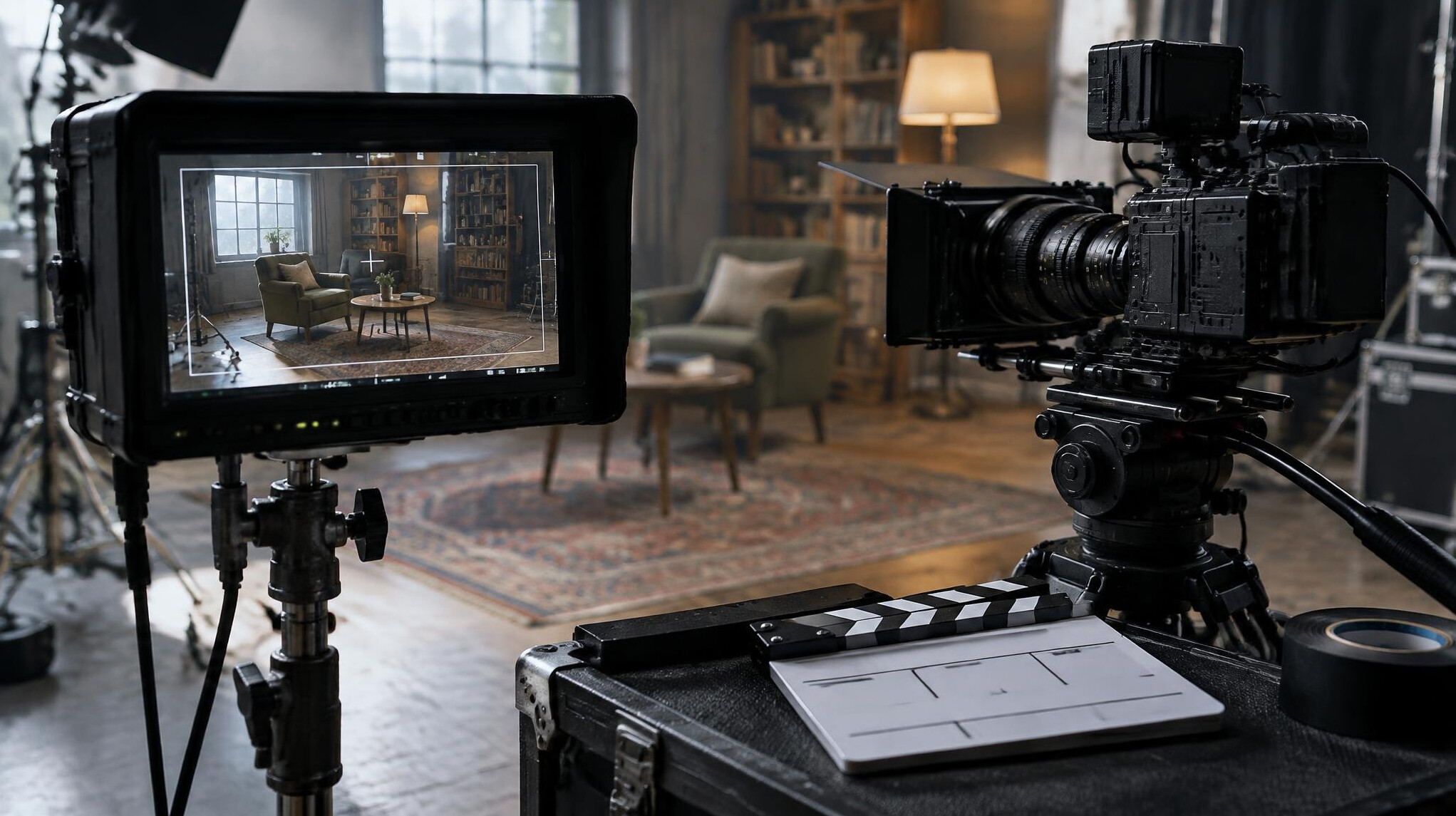 Director monitor and camera on a film set
