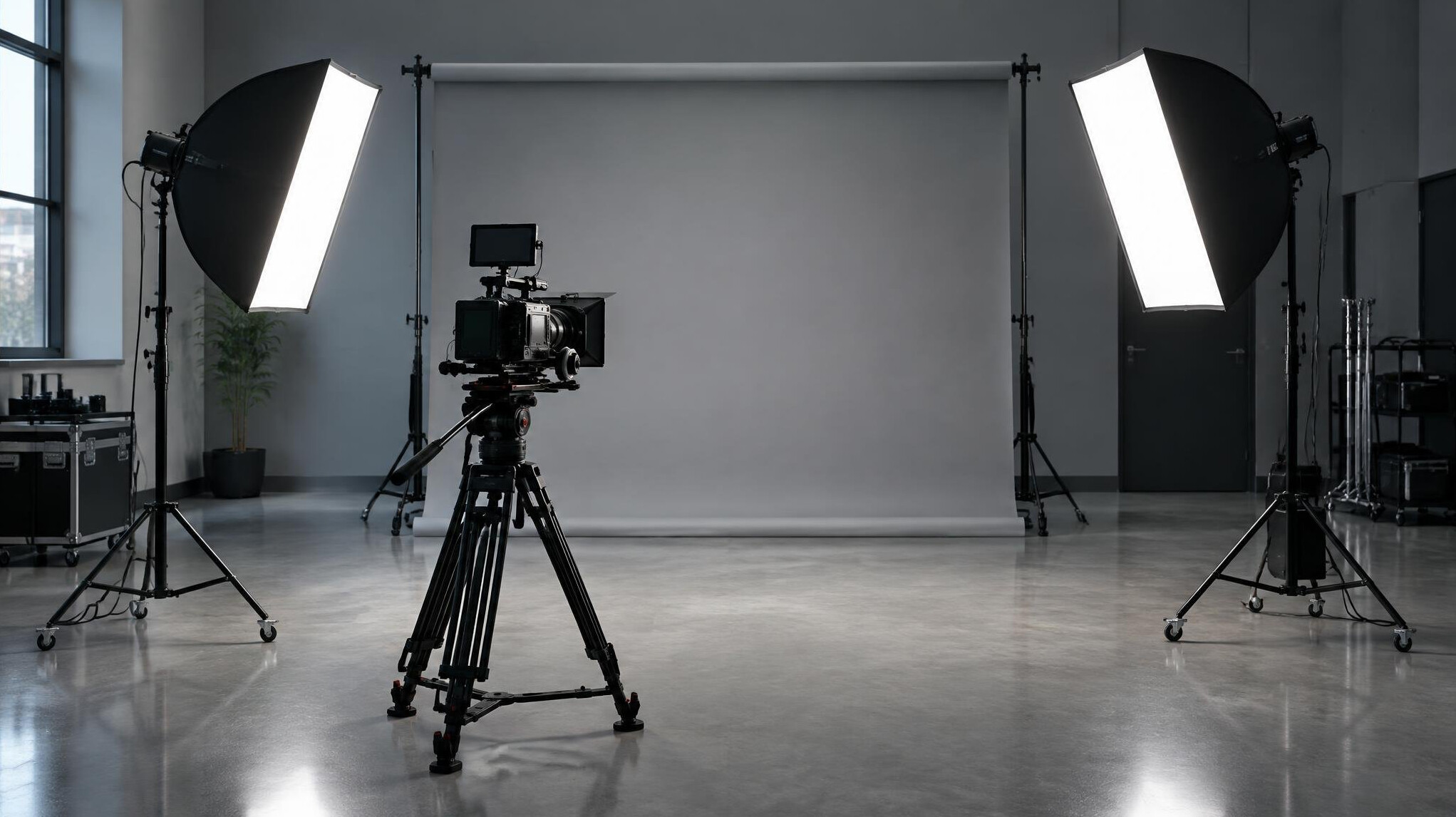 Professional video studio with softbox lights and a cinema camera on a tripod