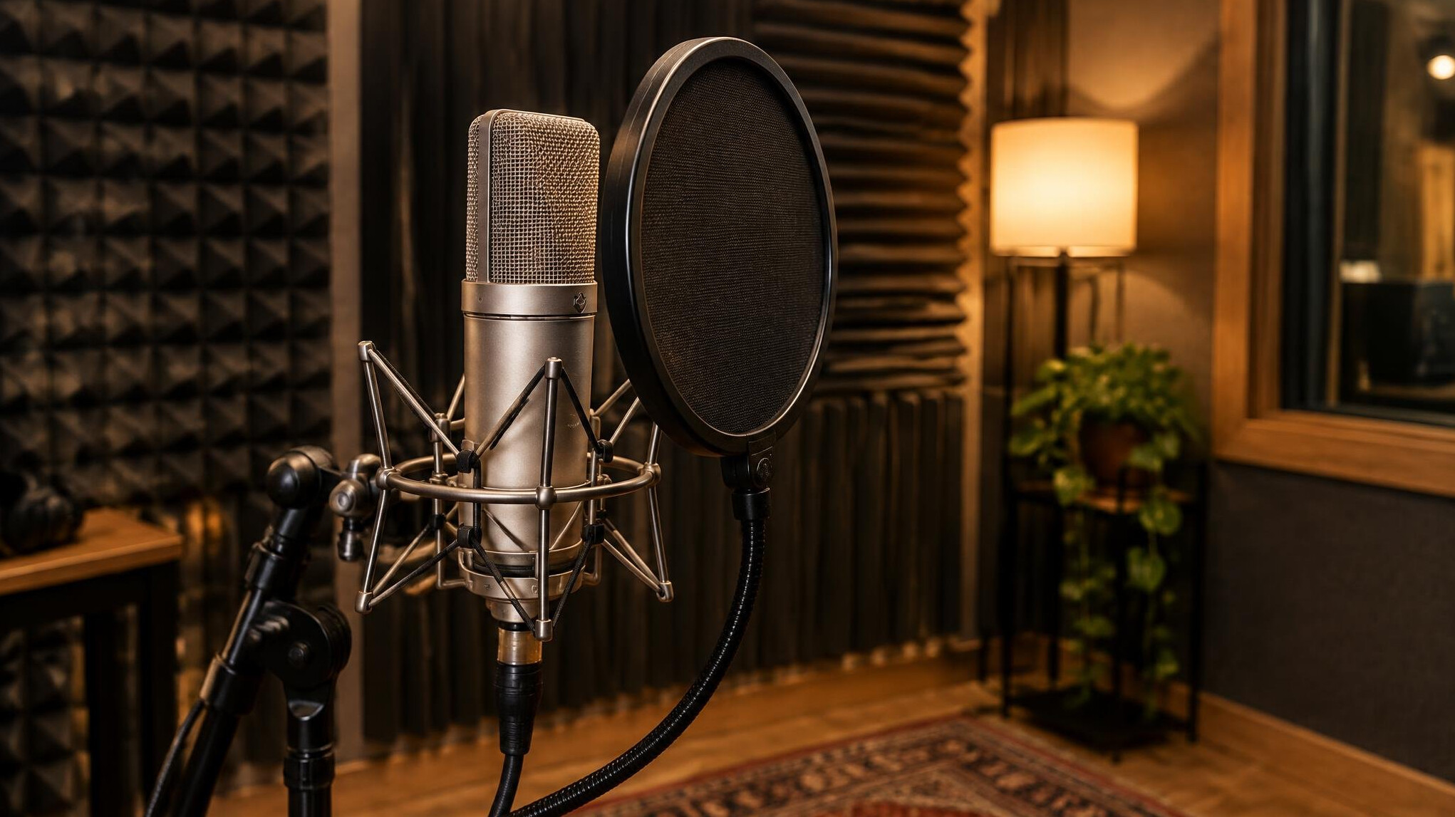 Condenser microphone with pop filter in a recording room