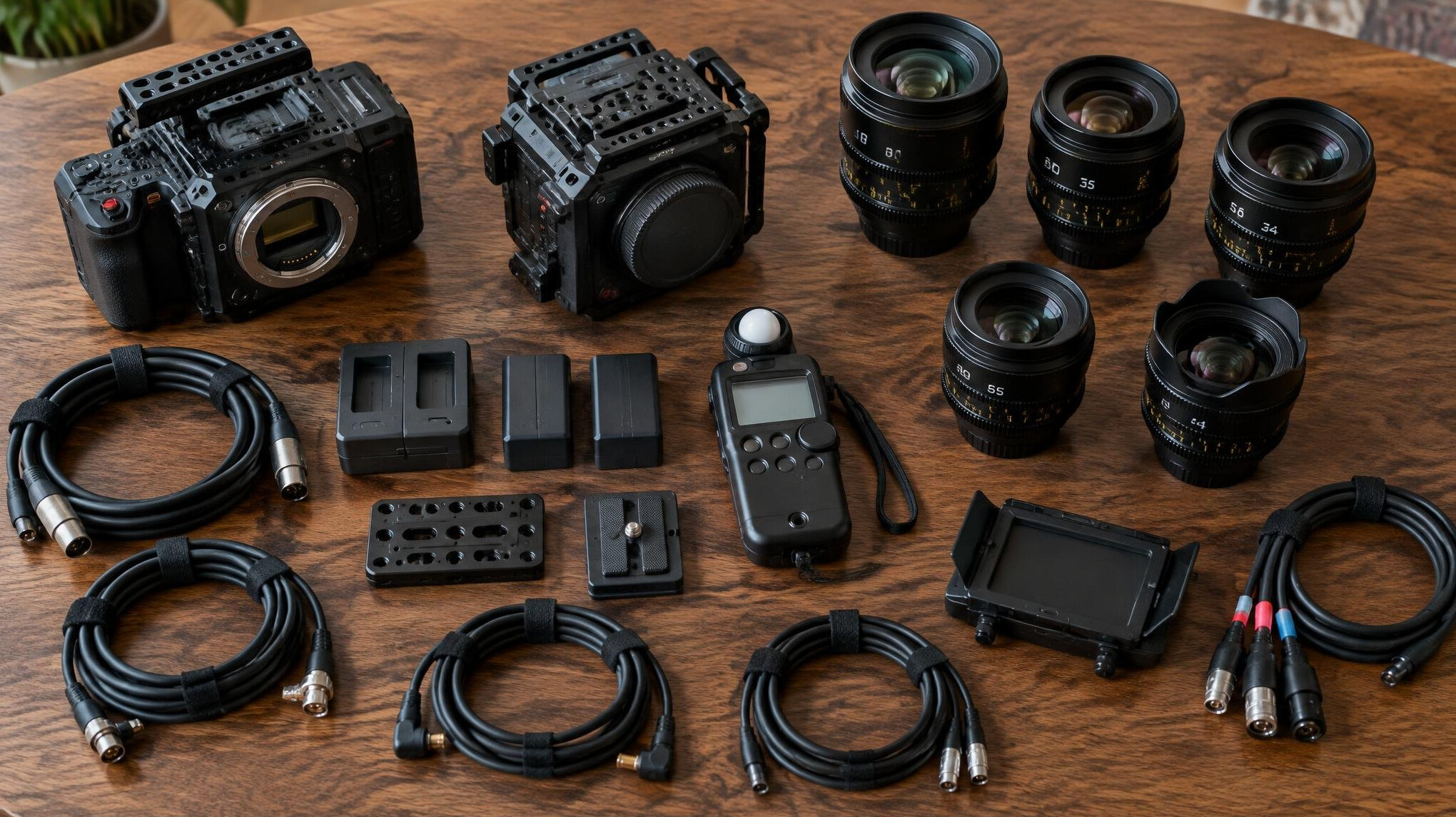 Camera equipment laid out on a table before a shoot